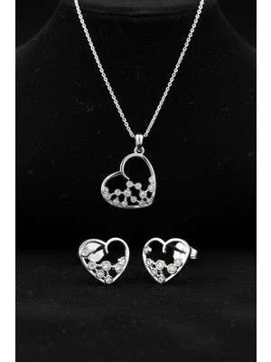 Roza Silver 925 Ayar Gümüş Rodyum Kaplama Zirkon Taşlı  Minimal Yıldız Dizilimli Kalp Kolye-Küpe 2'li Set