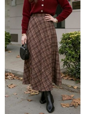 İlkimay.com Ekose Desenli Etek 1678 - Açık Kahve