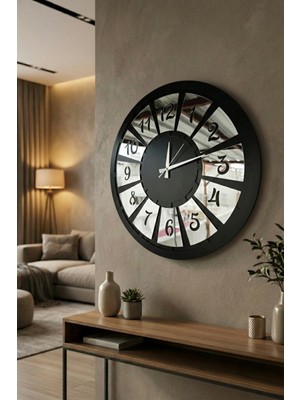 PremiumPort Siyah Gümüş Desenli Ahşap Duvar Saati 50CM, Şık ve Dekoratif Tasarım