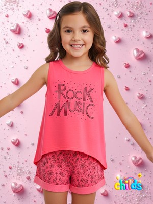 Alt Üst Taş Baskılı Sıfır Kol Neon Pembe Şortlu Kız Takımı