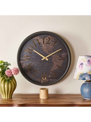 PremiumPort Eskitme Metal Dünya Haritası Duvar Saati, Kahverengi, 51 cm