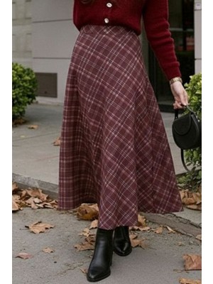 İlkimay.com Ekose Desenli Etek 1678 - Mürdüm