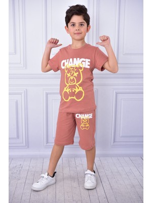 Buufuu Unisex Change Baskılı Çocuk Kısa Kol Yazlık Beli Lastikli Cepli Şort Alt Üst Takım