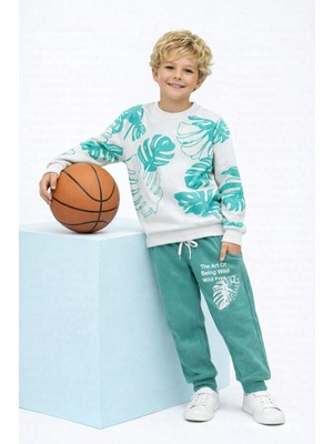 Buufuu Unisex Çocuk Yaprak Baskılı Uzun Kollu Eşofman Sweatshırt Takım