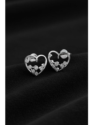 Roza Silver 925 Ayar Gümüş Rodyum Kaplama Zirkon Taşlı  Minimal Yıldız Dizilimli Kalp Çivili Küpe