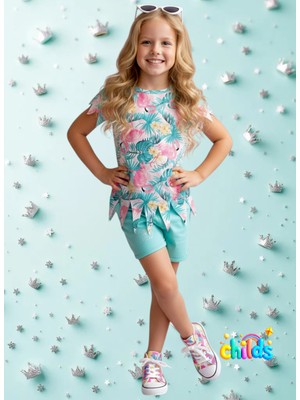 Kısa Kol Flamingo Baskılı Penye Lazer Kesimli Saçaklı Kız Çocuk T-Shirt Şortlu Takım