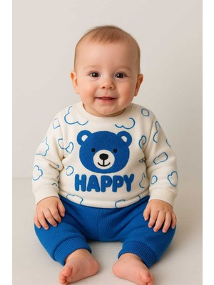 Buufuu Sevimli Ayıcık Panç Nakışlı Baskılı Uzun Kol Waffle Kumaş Alt Üst Aylık Bebek Takım