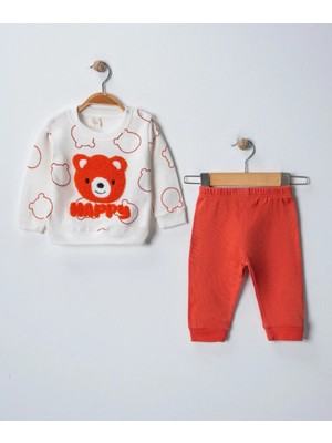 Buufuu Sevimli Ayıcık Panç Nakışlı Baskılı Uzun Kol Waffle Kumaş Alt Üst Aylık Bebek Takım