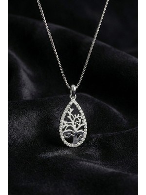 Roza Silver 925 Ayar Gümüş Rodyum Kaplama Zirkon Taşlı Damla Hayat Ağacı Kolye