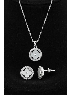 Roza Silver 925 Ayar Gümüş Rodyum Kaplama Zirkon Taşlı Anturaj Yuvarlak Yonca Kolye-Küpe 2'li Set