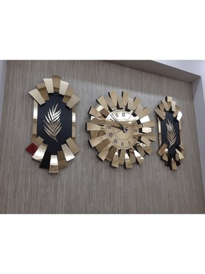 PremiumPort 3'lü Duvar Saati, Gold Aynalı, Roma Rakam, 3 Boyutlu, Piyano Model, Palmiye Detay