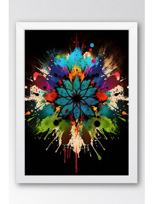 E2 Nova Soyut Renk Patlaması Mandala Çerçeveli Tablo - Lüks Modern Splash Art Duvar Dekoru Siyah Sanat