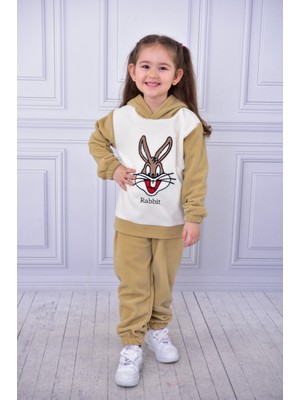 Buufuu Polar Tavşan Nakışlı Uzun Kol Kapşonlu Kışlık Alt Üst Çocuk Takım