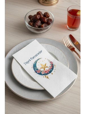 Hayırlı Ramazanlar Çiçekli Ay Desenli 16'lı Çift Katlı Lüks Kağıt Peçete | Ramazan Peçetesi