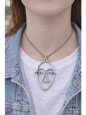 Herşey Nota Minimal Soyut Yüz Figürlü Gümüş Renk Unisex Günlük Kolye