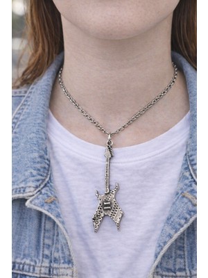 Herşey Nota Rock Elektro Gitar Figürlü Gümüş Renk Unisex Uzun Kolye