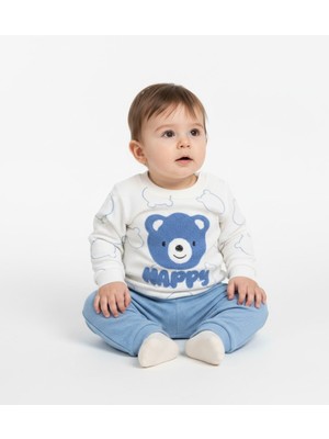 Buufuu Sevimli Ayıcık Panç Nakışlı Baskılı Uzun Kol Waffle Kumaş Alt Üst Aylık Bebek Takım