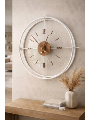 PremiumPort Büyük Boy Jumbo Sessiz Metal Duvar Saati, Beyaz/ceviz Detaylı 55X55