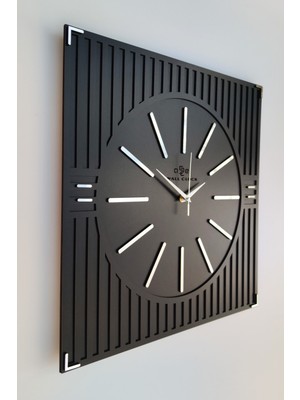 PremiumPort Şık Çizgi Desenli Siyah Gümüş Kare Duvar Saati 50X50CM