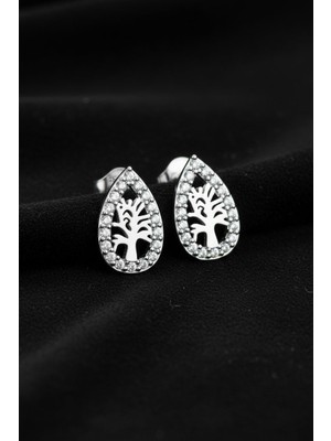 Roza Silver 925 Ayar Gümüş Rodyum Kaplama Zirkon Taşlı Damla Hayat Ağacı Çivili Küpe