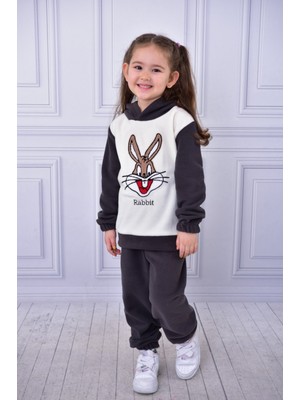 Buufuu Polar Tavşan Nakışlı Uzun Kol Kapşonlu Kışlık Alt Üst Çocuk Takım