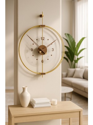 PremiumPort Büyük Çift Çemberli Lüks Sessiz Duvar Saati, 60X75 Cm, Rosa Gold/ceviz