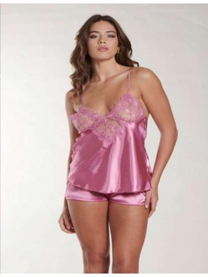 MyDora Lingerie Kadın V Yaka Askılı ve Transparan Dantel Detaylı Saten Şort Seti