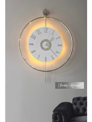 PremiumPort Modern Metal Duvar Saati 50X75 Cm, LED Işıklı Gümüş Kristal Tasarım