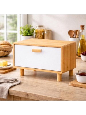 Welcomein Bambu Ekmek Dolabı – Kapaklı Siyah Ön Yüzeyli, Tezgah Üstü Ekmek Saklama Kutusu, Doğal Bambu, Modern Tasarım