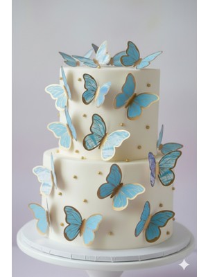 Deniz Party Store Gold Varaklı 3 D Mavi 21 Li Kelebek Sticker Balon Pasta Süsü