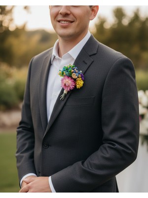 Kuru Çiçekli Damat Yaka Çiçeği, El Yapımı Tasarım Çiçekler