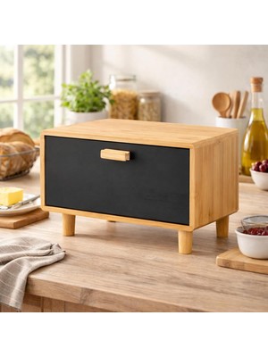 Welcomein Bambu Ekmek Dolabı – Kapaklı Siyah Ön Yüzeyli, Tezgah Üstü Ekmek Saklama Kutusu, Doğal Bambu, Modern Tasarım