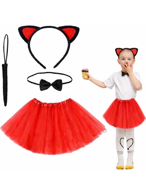 SHC4200 Kırmızı Renk Kedi Kostüm Seti - Tütü, Taç, Papyon, Kuyruk