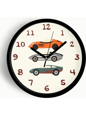 PremiumPort Çocuk Odası Duvar Saati, Araba Tasarımı, Siyah Kasa, Camli, Sessiz Mekanizma