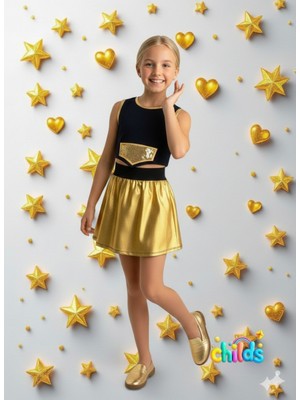 Ikili Takım Kız Çocuk Crop Pamuklu Üst Parlak Gold Lame Baskılı Mini Etek