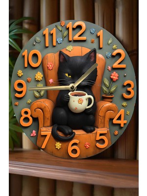 PremiumPort Siyah Kedi Temalı Mdf Duvar Saati – 3D Görünüm, Hd Baskı, Sessiz Mekanizma