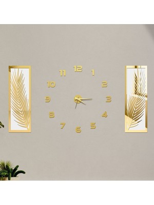 PremiumPort Modern 3 Parçalı Duvar Saati Seti, Akrilik Ayna ve Palmiye Detayları