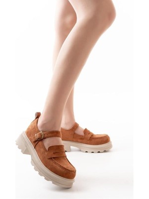 Sibel Gürel 745-771 Taba Süet Kadın Günlük Yüksek Tabanlı Loafer Ayakkabı