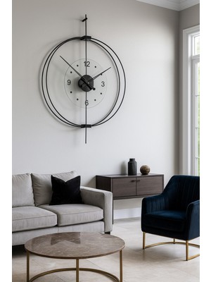 PremiumPort Lüks Büyük Duvar Saati, Siyah Rosa Detaylar, Sessiz Çalışma, 60X75 cm