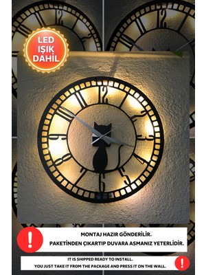 PremiumPort Modern LED Işıklı Kedi Mutfak Duvar Saati, Siyah Ahşap, 40X40CM