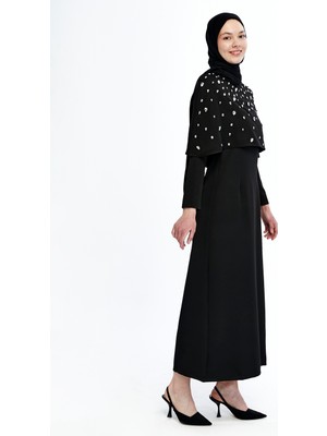 Marles Önü Taş Işlemeli Çıkarılabilir Pelerinli Abiye Elbise