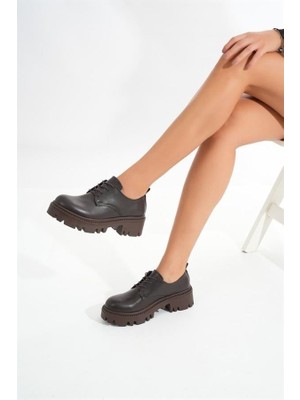 Sibel Gürel 868-754 Kahverengi Bağcıklı Günlük Yüksek Tabanlı Loafer Ayakkabı