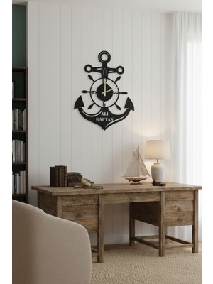 PremiumPort Kişiye Özel Metal Çapa ve Dümen Temalı Duvar Saati 60X46 Cm, Dekoratif ve Sessiz