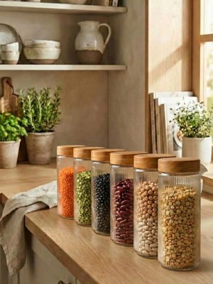 leela Home 6'lı Set Ahşap Desen Kapaklı Cam Saklama Kabı 1350 ml - Açık Kahve