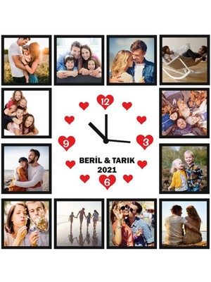 PremiumPort Kişiye Özel 12 Fotoğraflı Ahşap Kare Duvar Saati 30CM Hediye Kutusunda