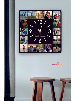 PremiumPort Şık 40X40 cm Mdf Duvar Saati, 16 Fotoğraflı ve Isimli Tasarım