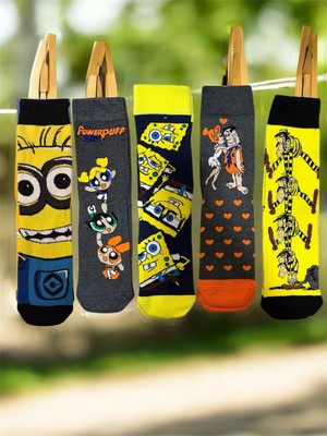 5'li Çizgi Film Kahramanları Desenli Renkli Pamuklu Çorap