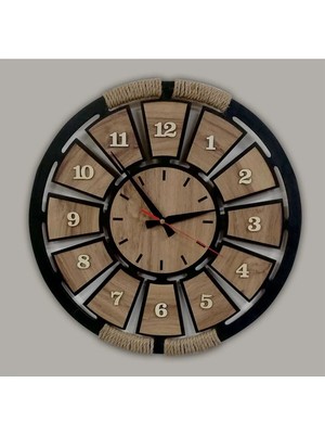 PremiumPort Ahşap Dekoratif Hasır Detaylı Duvar Saati 40X40 cm Sessiz Mekanizma