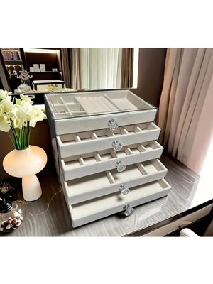 Özer Kutu Akrilik 5 Kadife Çekmeceli Takı Organizatörü,düzenleyici (13X23 cm ) Mix