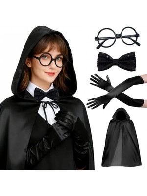 MiraLive Siyah Kapüşonlu Büyücü ve Cadı Pelerin Kostüm Seti (4 Parça)